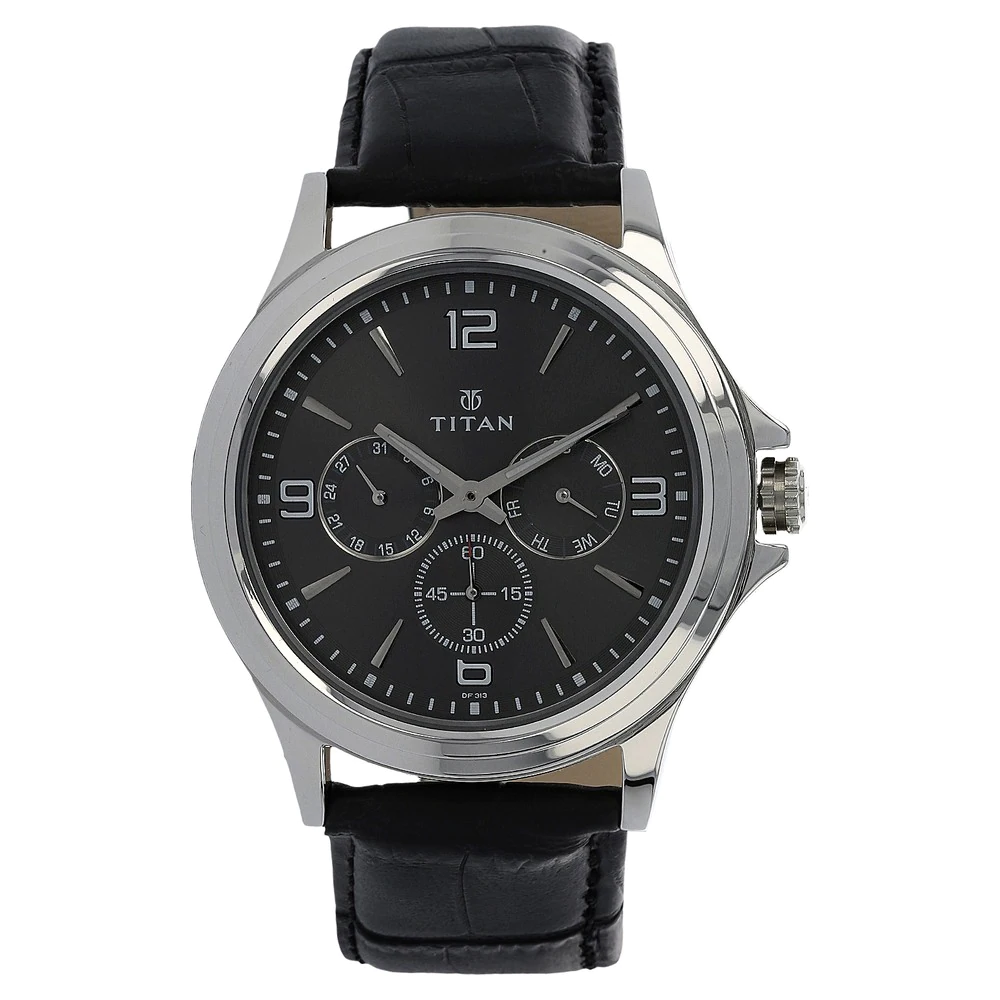 Titan Anthracite Dial Black Leather Strap Watch - 1698Sl02